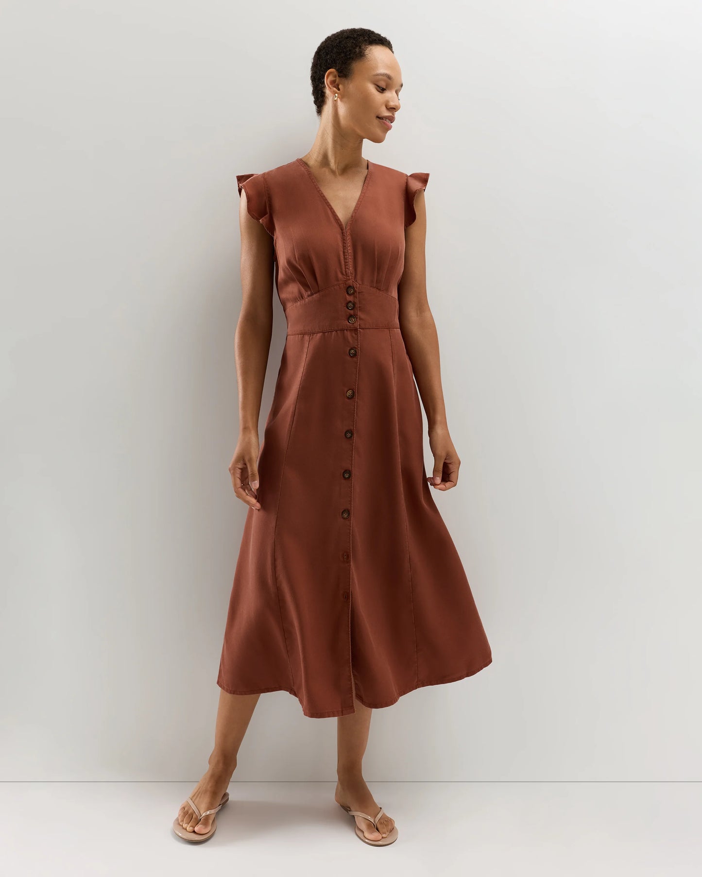 Vintage Wash Tencel Button Front Midi Dress - XS / Olive