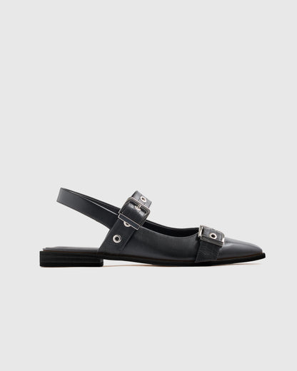 Italian Leather Bold Buckle Slingback Flat - 5 / Black