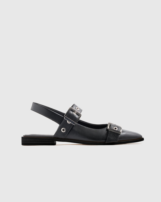 Italian Leather Bold Buckle Slingback Flat - 5 / Black