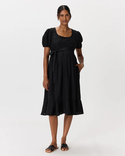 100% European Linen Maternity Short Sleeve Midi Dress - XS / Ivory Porcelain Blue Petite Floral