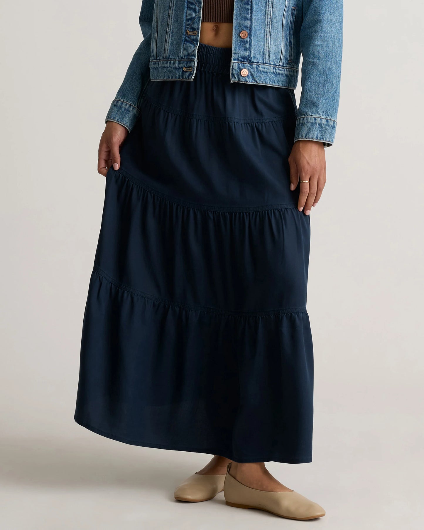 Vintage Wash Tencel Tiered Maxi Skirt - XS / Olive