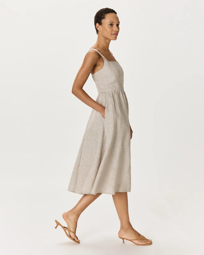 100% European Linen Fit & Flare Midi Dress - XS / Ivory Porcelain Blue Petite Floral