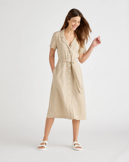 100% European Linen Button Front Dress - XS / Sky Blue Mariner Stripe
