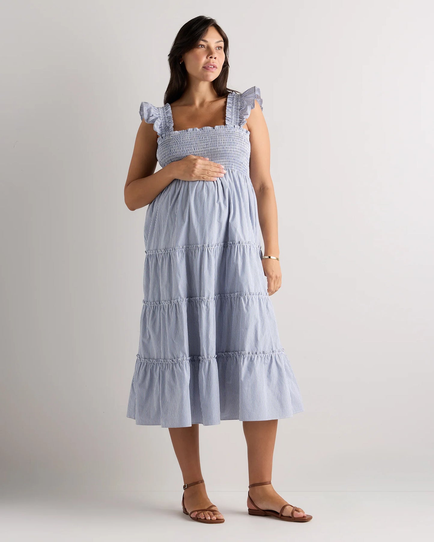 100% Organic Cotton Poplin Maternity Smocked Midi Dress - XS / Classic White
