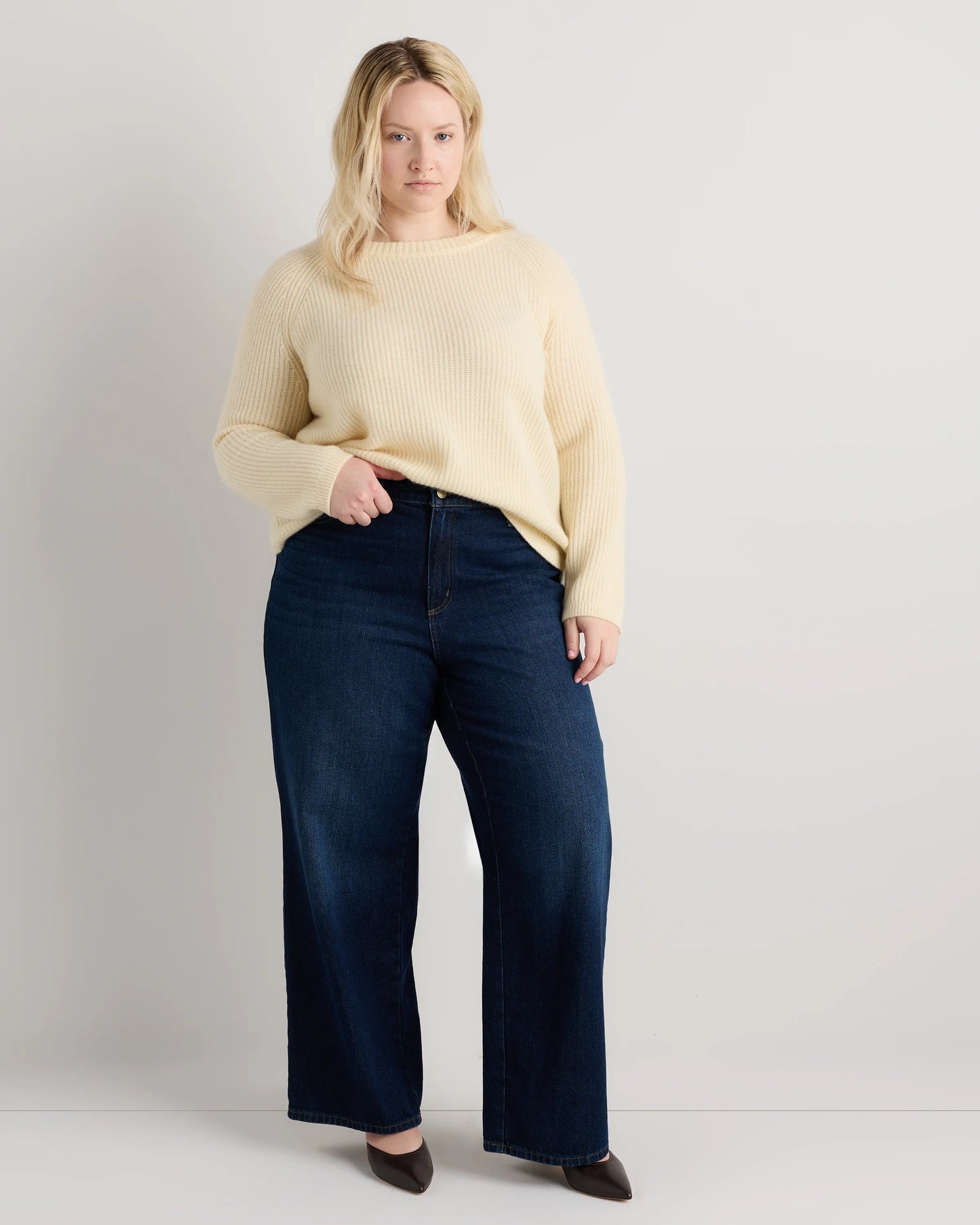 Mongolian Cashmere Fisherman Crewneck Sweater - 1X / Pale Custard Yellow