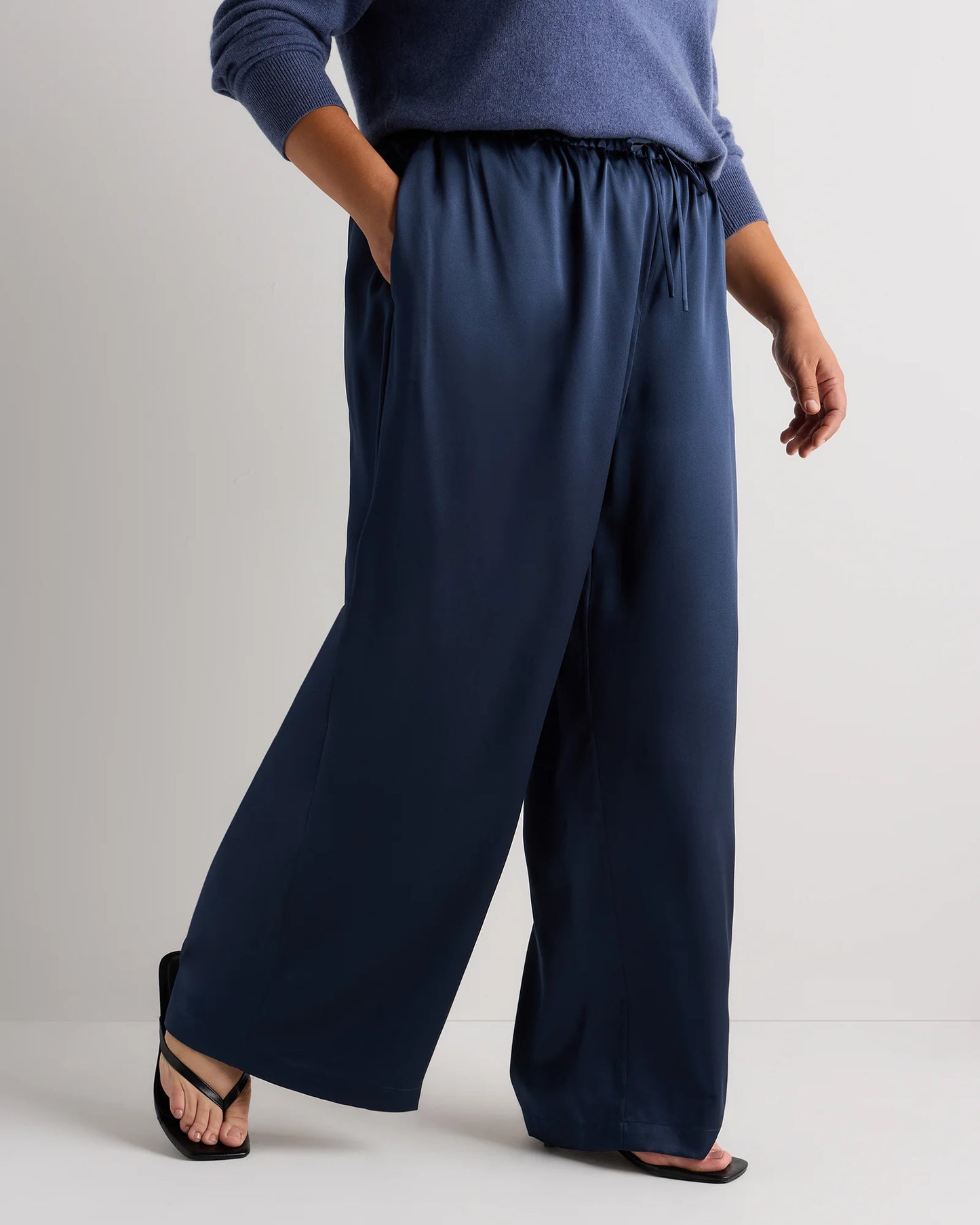 100% Washable Silk Drawstring Wide Leg Pants - 1X / Black