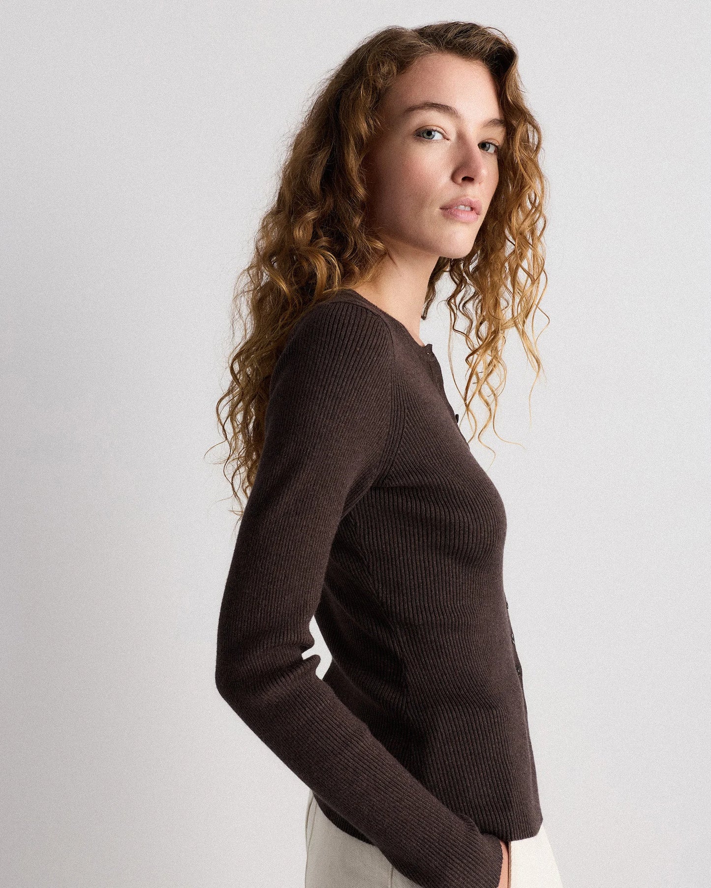 Cotton Cashmere Fitted Ribbed Cardigan - XS / Mocha Heather