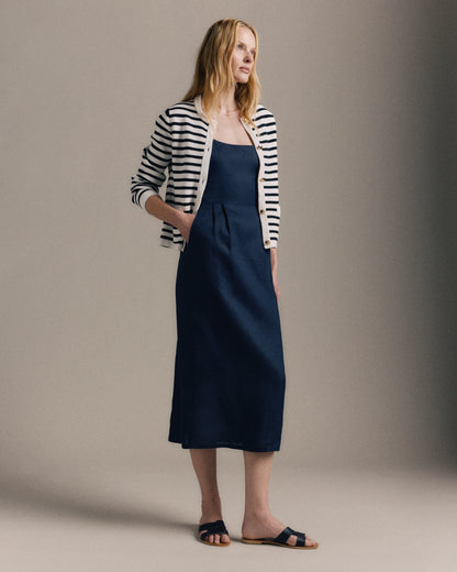 100% European Linen Scoop Neck Midi Dress - XS / Ivory Porcelain Blue Petite Floral