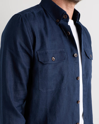100% European Linen Utility Shirt - S / Taupe Brown Chambray