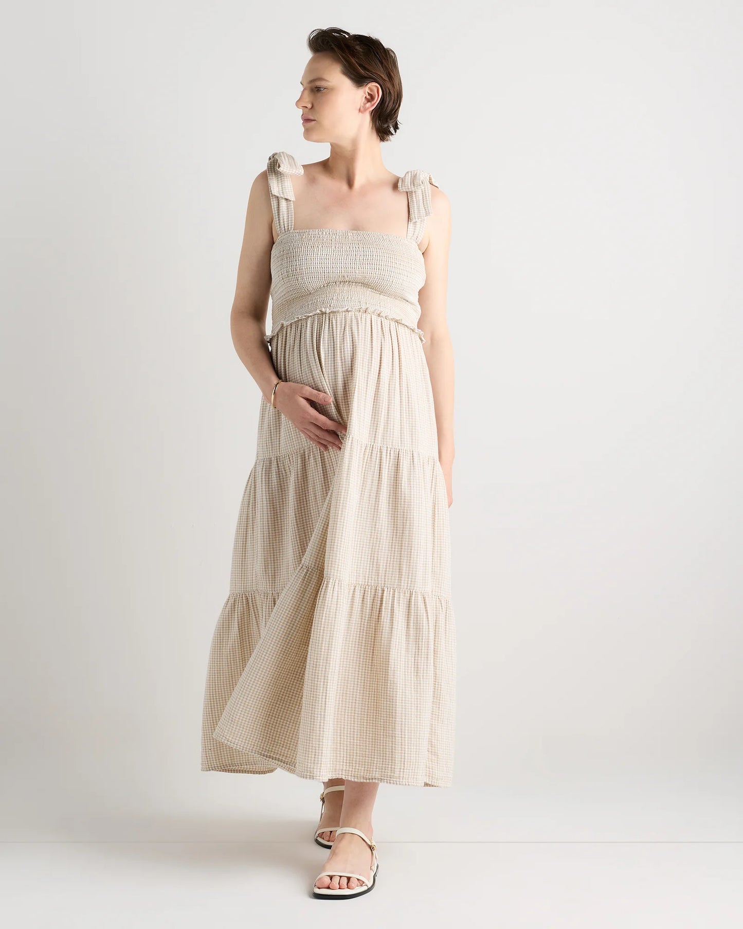 100% Organic Cotton Gauze Smocked Sleeveless Midi Dress - XS / Khaki Gingham