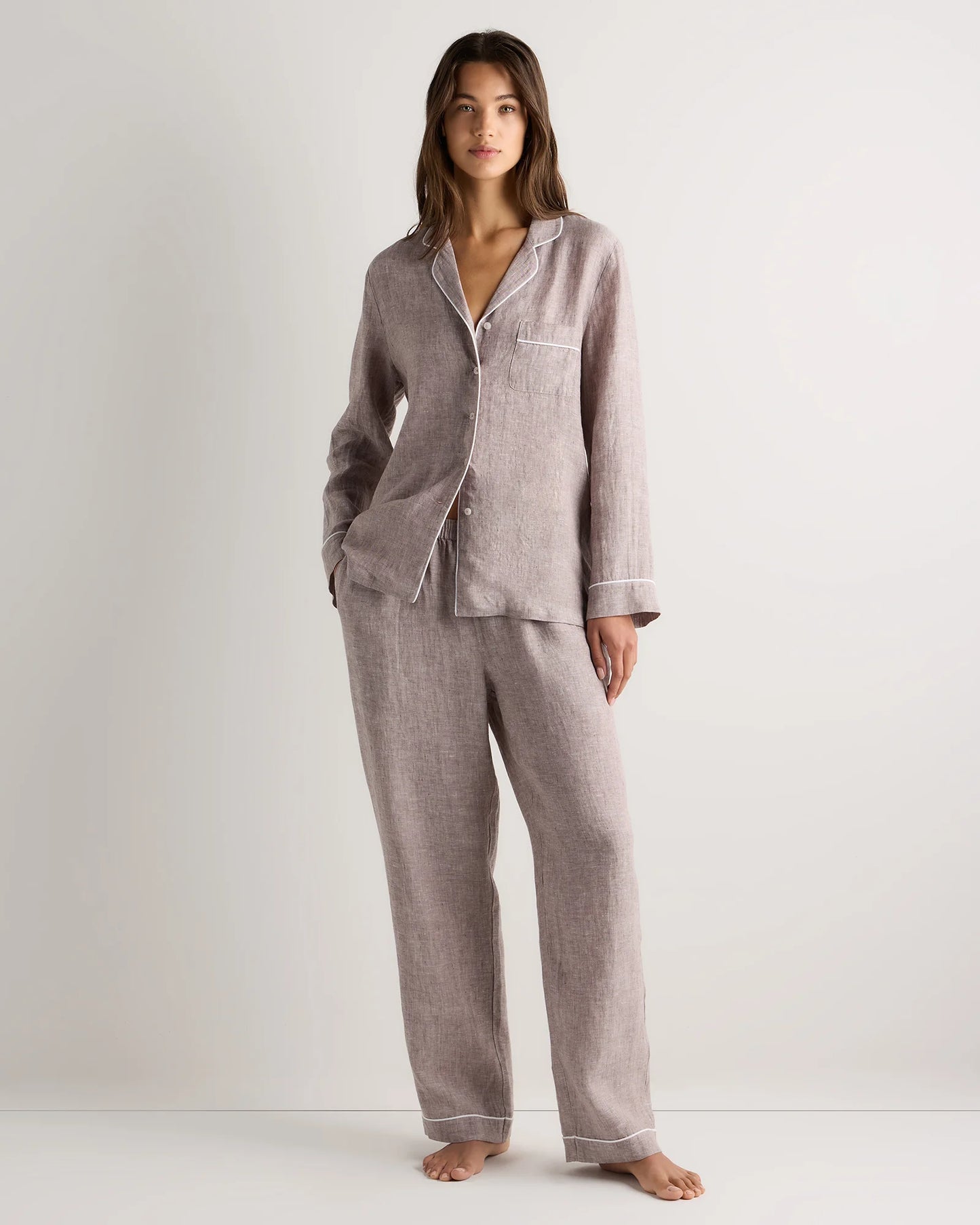 100% European Linen Long Sleeve Pajama Set with Piping - XS / Taupe Brown Gingham
