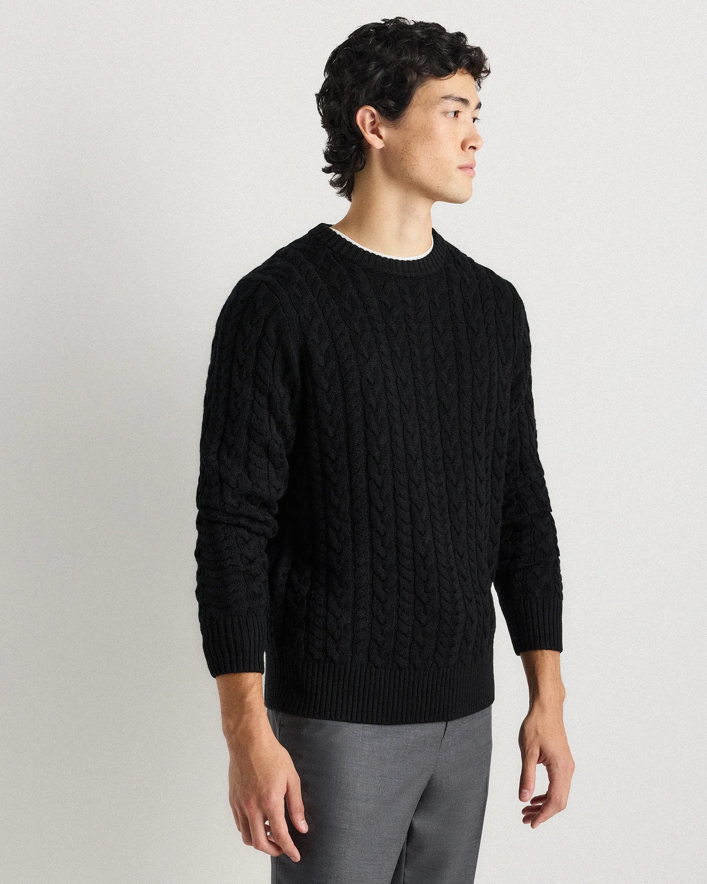 Australian Merino Wool Cable Crewneck Sweater - S / Heather Grey