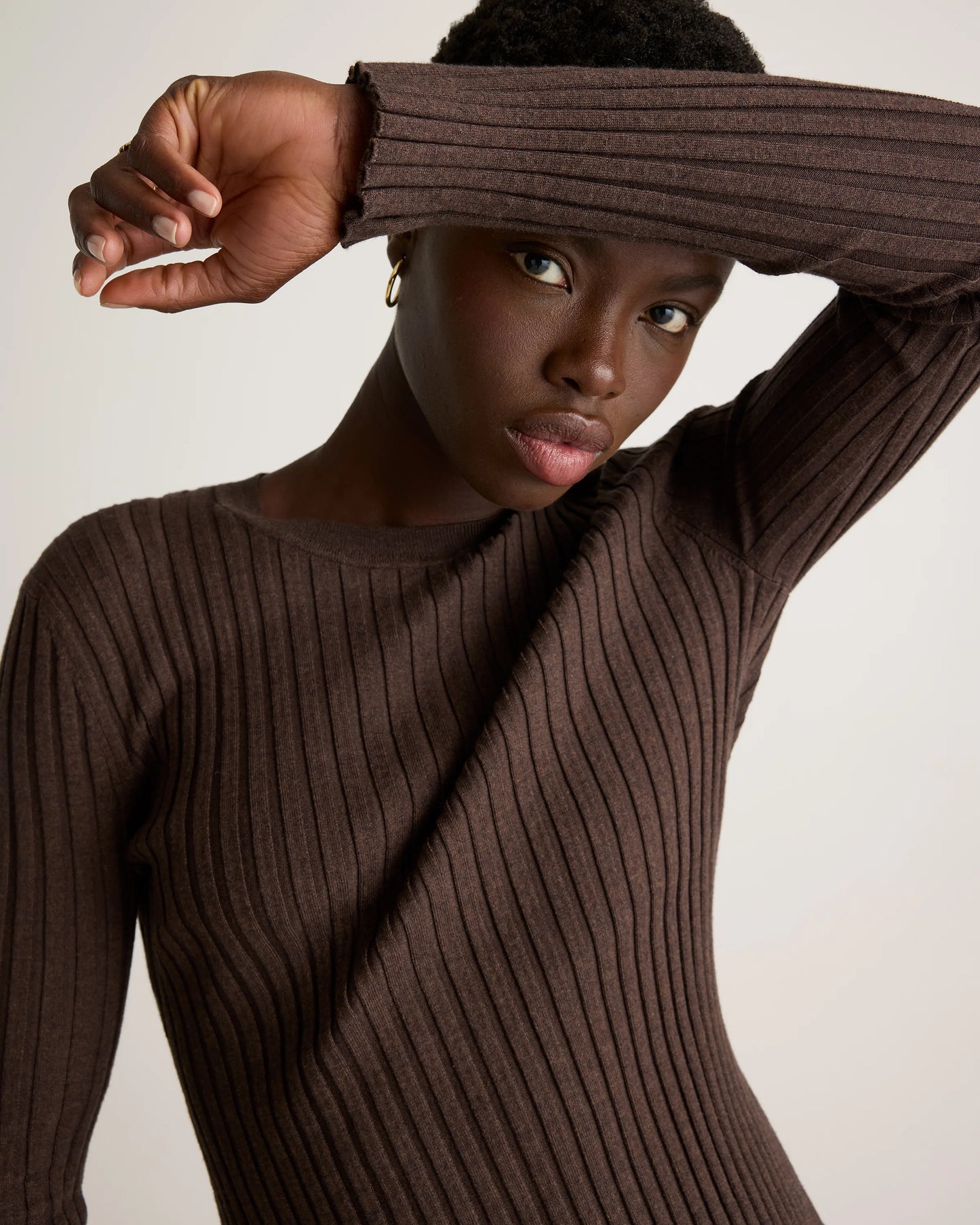 Cotton Cashmere Ribbed Long Sleeve Sweater - XS / Sugar Stone