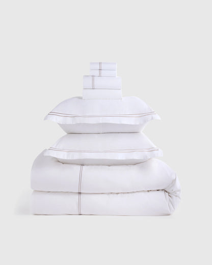 Organic Crisp Percale Embellished Deluxe Bedding Bundle - Twin / White/Navy
