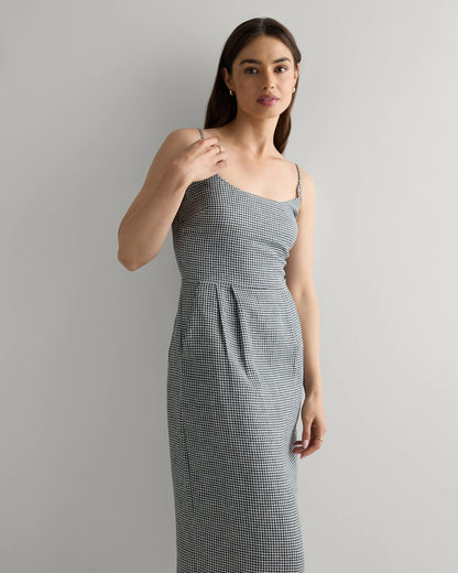 100% European Linen Scoop Neck Midi Dress - XS / Ivory Porcelain Blue Petite Floral