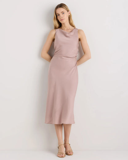 Washable Stretch Silk High Neck Midi Dress - XS / Vintage Navy Roses