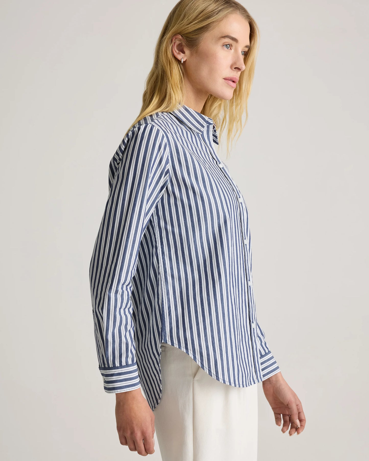 100% Organic Cotton Poplin Long Sleeve Shirt - XS / Delta Blue Double Stripe