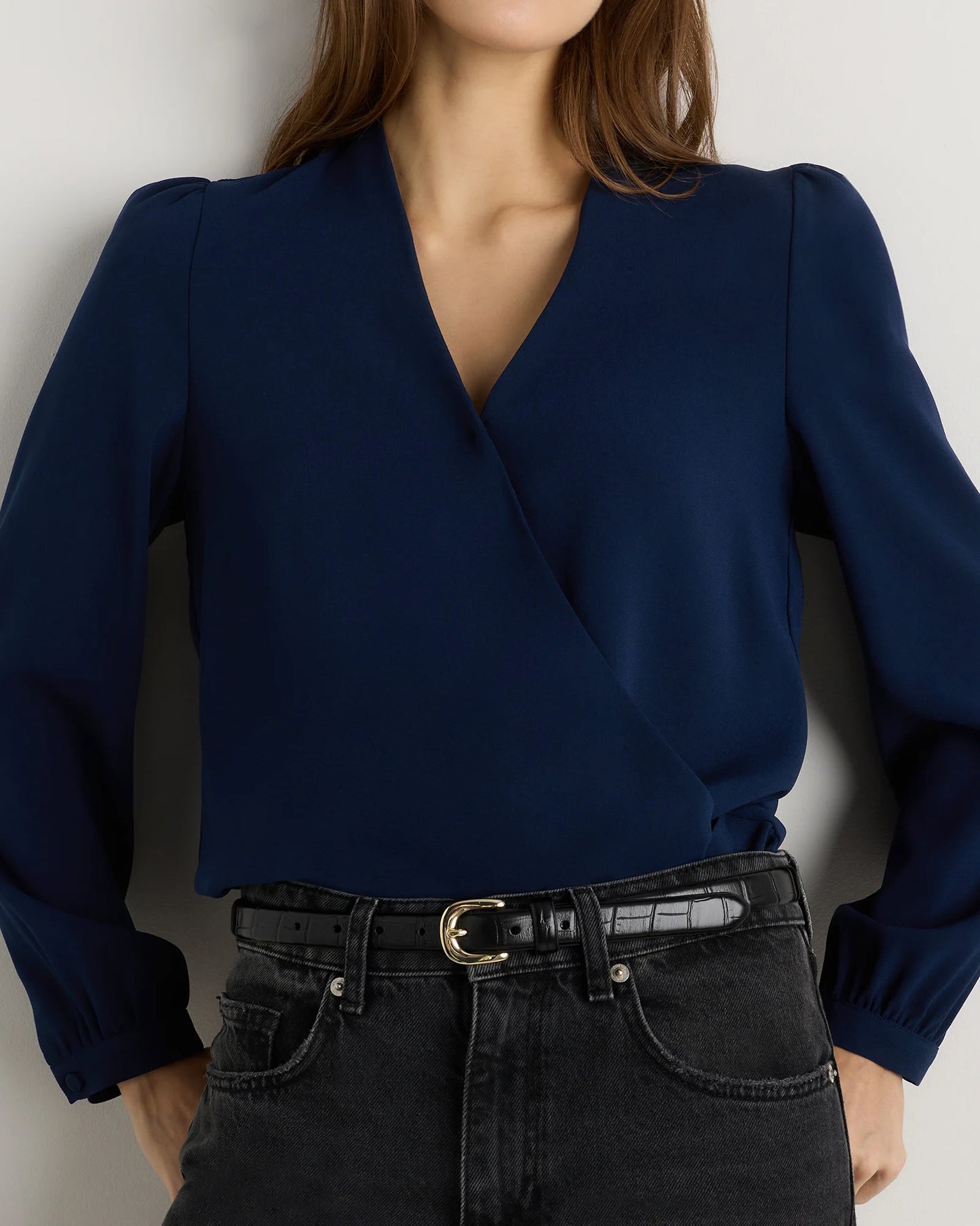 Fluid Crepe Surplice Long Sleeve Blouse - XS / Textured Navy