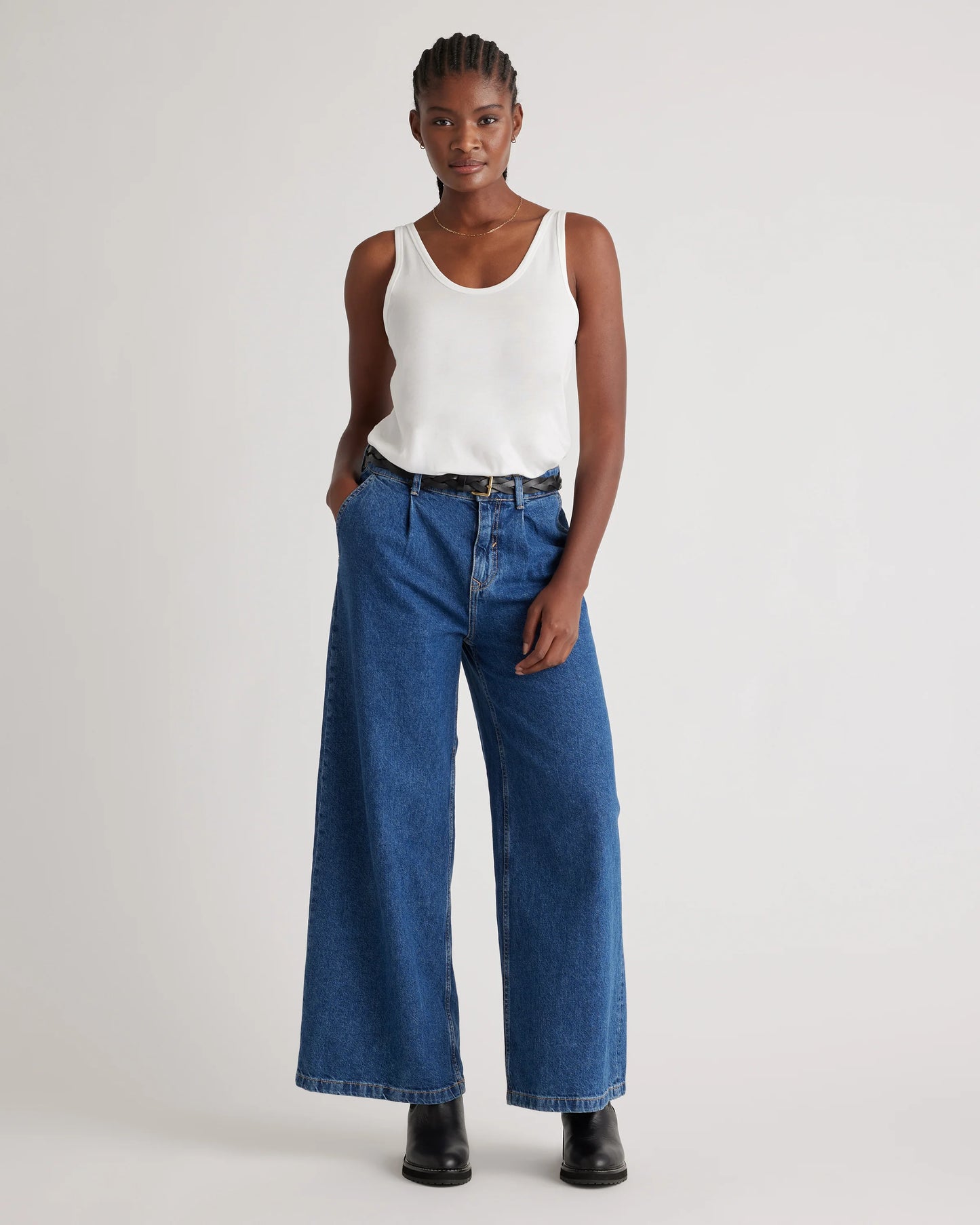 Cotton Modal Double Scoop Neck Tank - XS / Navy