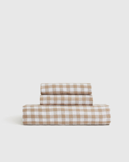 European Linen Gingham Fitted Sheet Set - Twin / Blue Fog