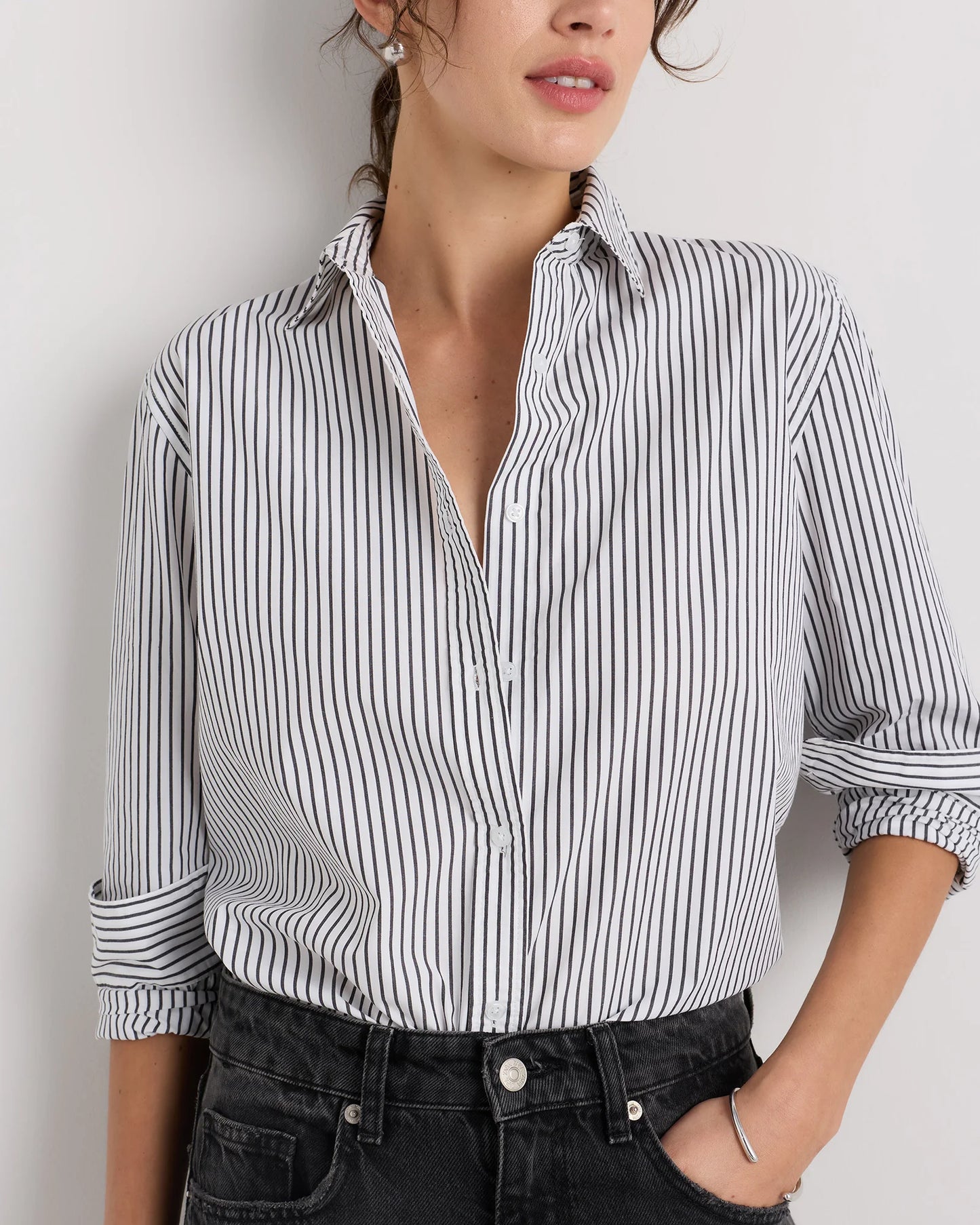 100% Organic Cotton Poplin Long Sleeve Shirt - XS / Delta Blue Double Stripe