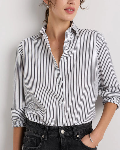 100% Organic Cotton Poplin Long Sleeve Shirt - XS / Delta Blue Double Stripe