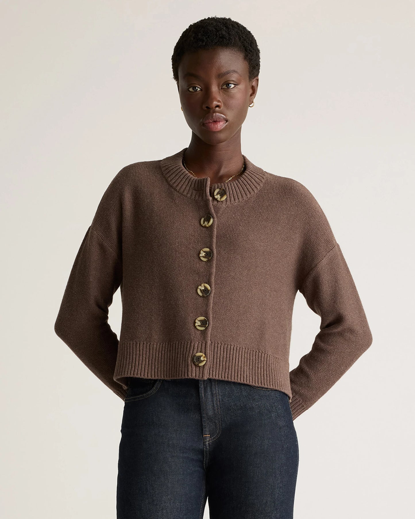 100% Organic Cotton Cropped Cardigan - XS / Heather Brown