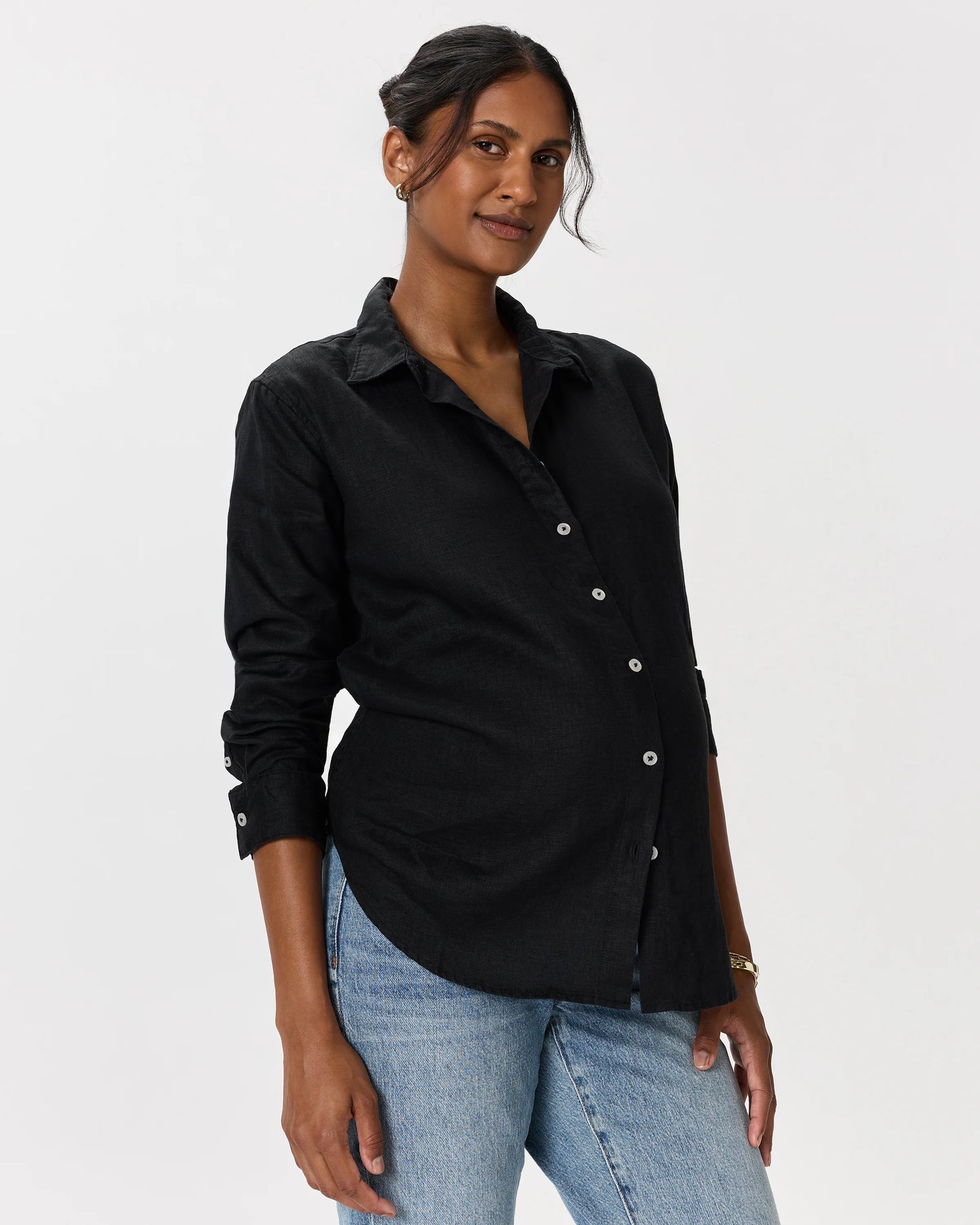 100% European Linen Maternity Long Sleeve Shirt - XS / Blue Pinstripe