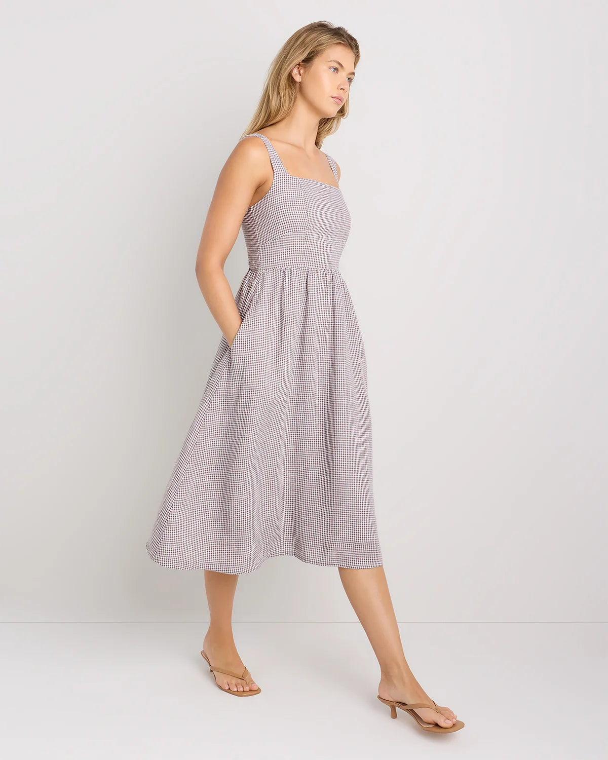100% European Linen Fit & Flare Midi Dress - XS / Brick Red Heirloom Floral