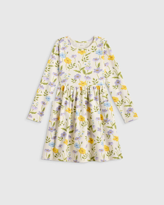 Organic Cotton Long Sleeve Fit and Flare Pocket Dress - 2T / Purple Poppy Garden