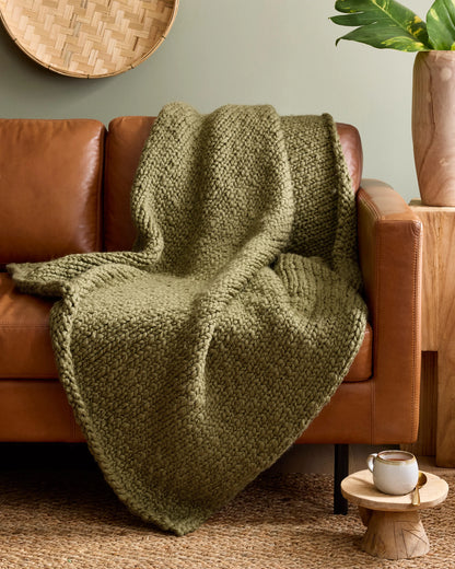 Chunky Hand Knit Wool Throw - 50x60 / Olive