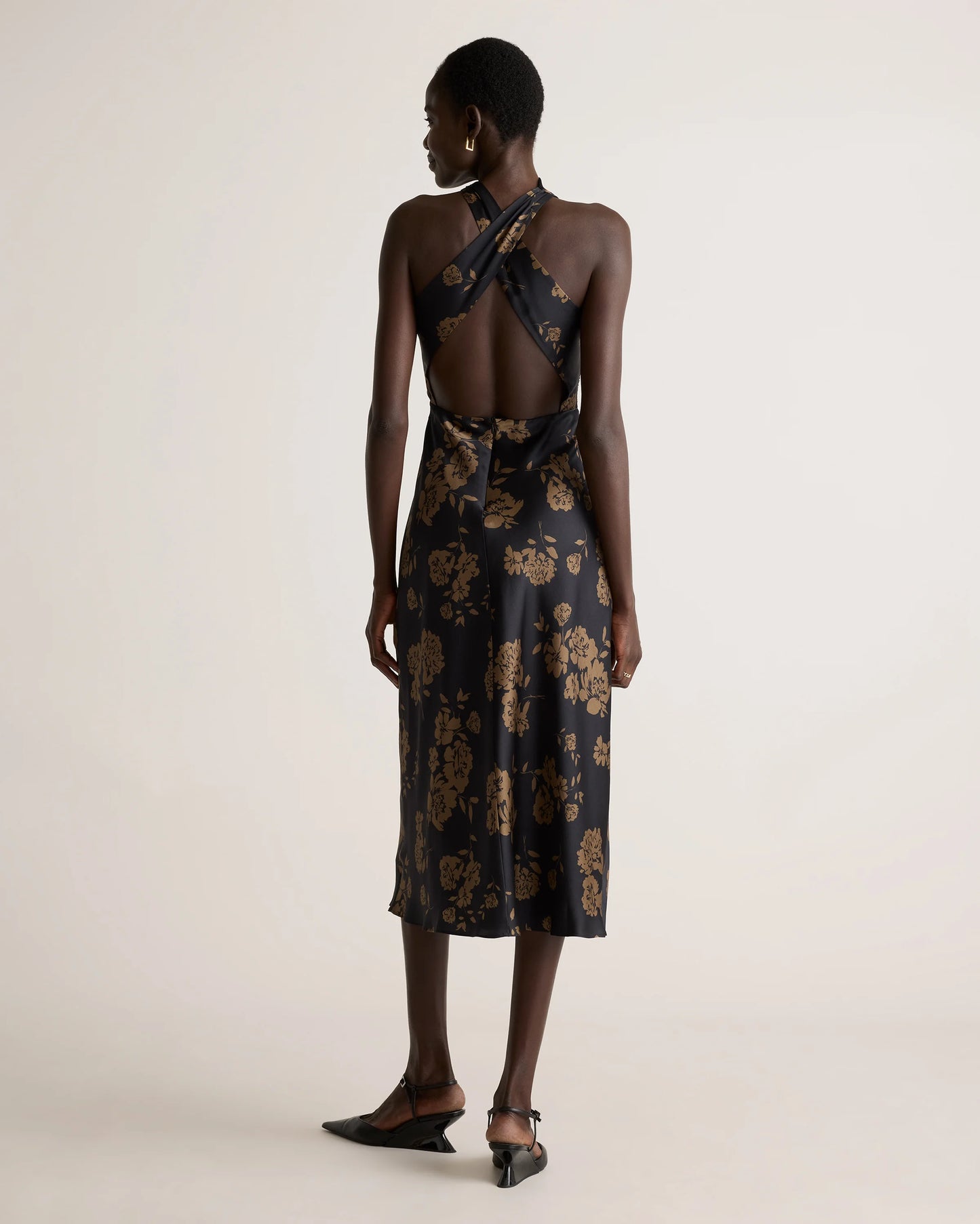 Washable Stretch Silk High Neck Midi Dress - XS / Vintage Navy Roses