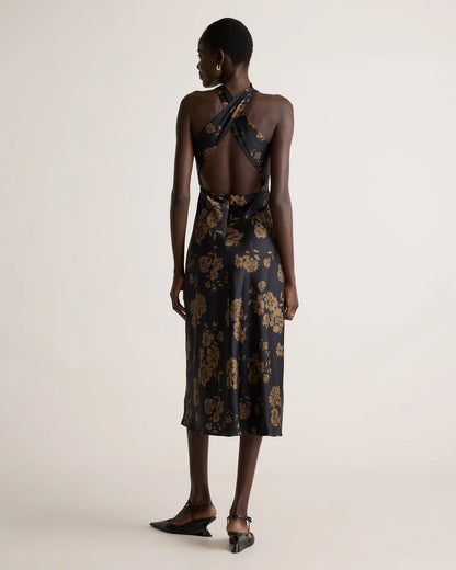 Washable Stretch Silk High Neck Midi Dress - XS / Vintage Navy Roses