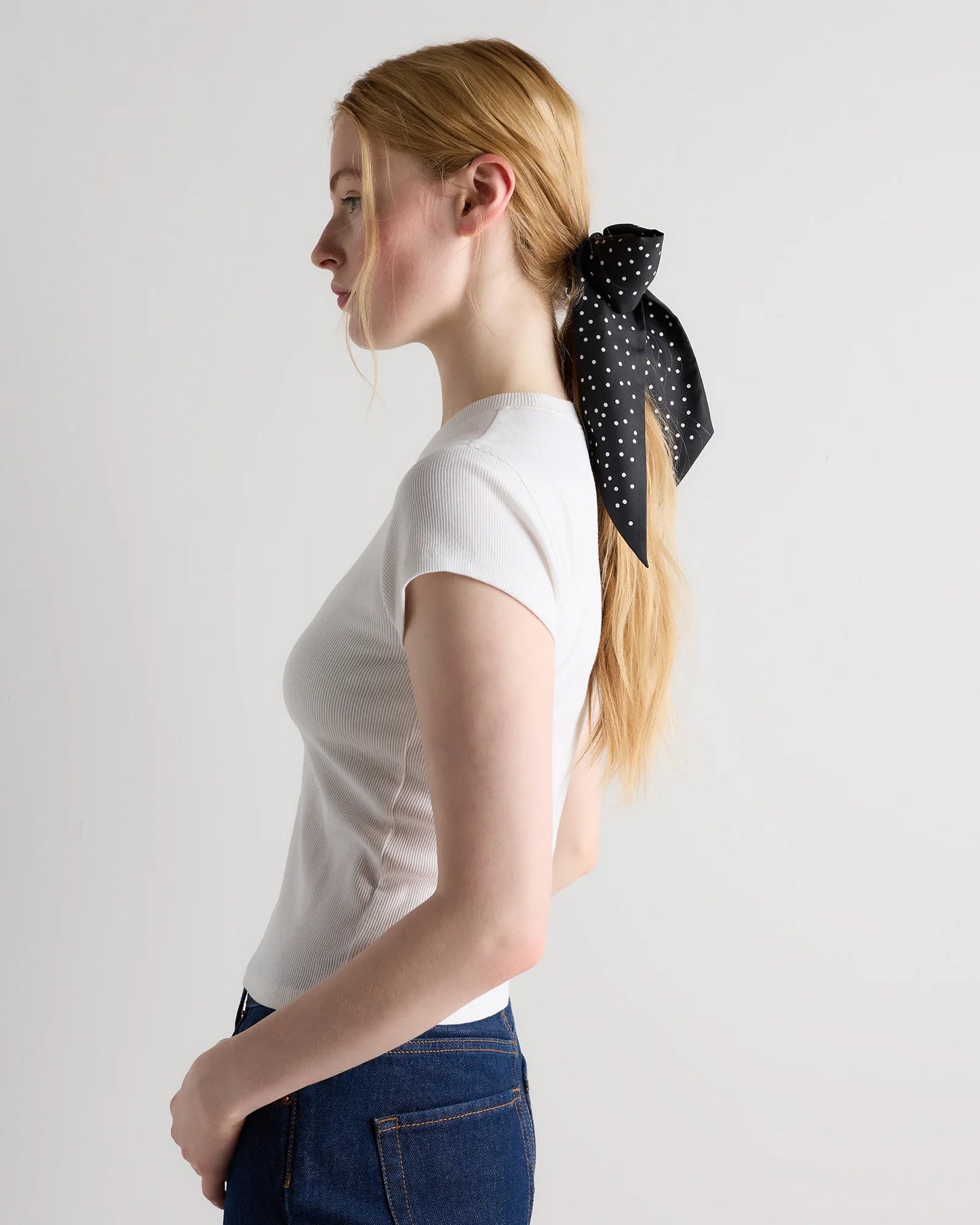 100% Silk Printed Skinny Scarf - One Size / Tiny Dot Black/ White