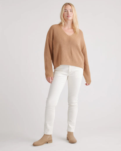100% Organic Cotton Fisherman V-Neck Sweater - XS / Heather Brown