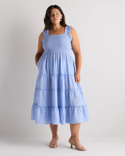 100% European Linen Smocked Midi Dress - 1X / Flax