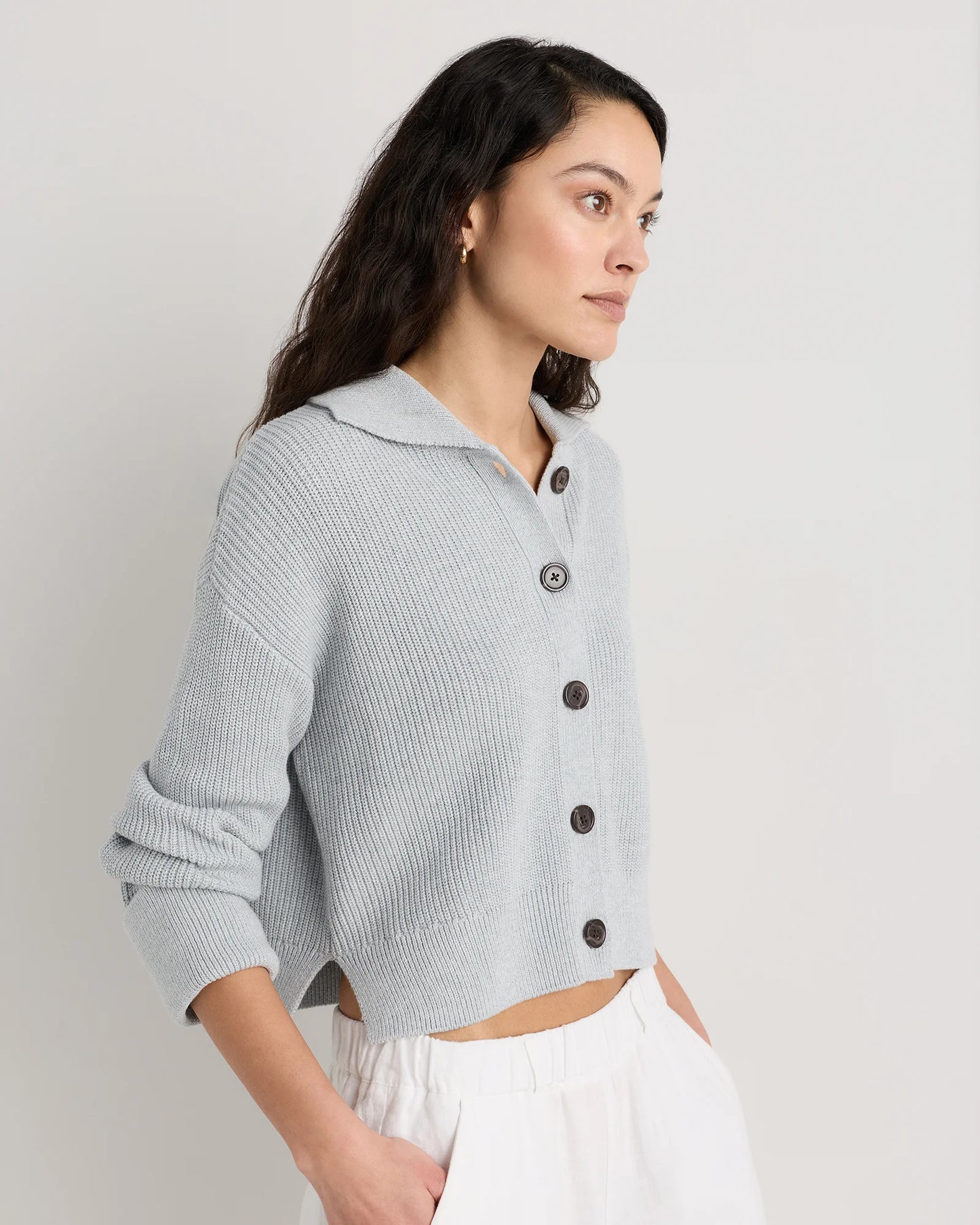 100% Organic Cotton Fisherman Collared Cardigan - XS / Heather Dove Grey