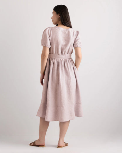 100% European Linen Maternity Short Sleeve Midi Dress - XS / Ivory Porcelain Blue Petite Floral