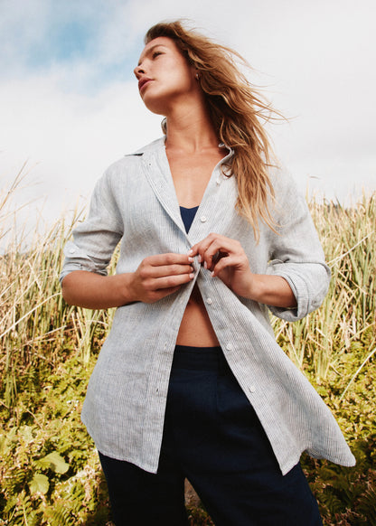 100% European Linen Long Sleeve Shirt - XS / Blue Pinstripe