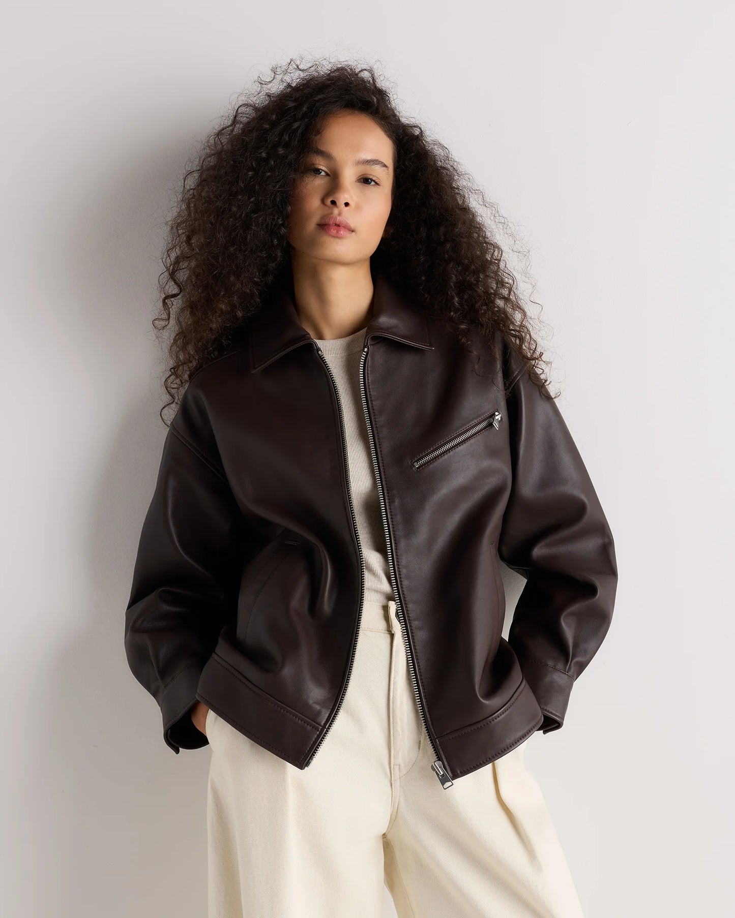 100% Leather Oversized Bomber Jacket - XS / Rich Brown