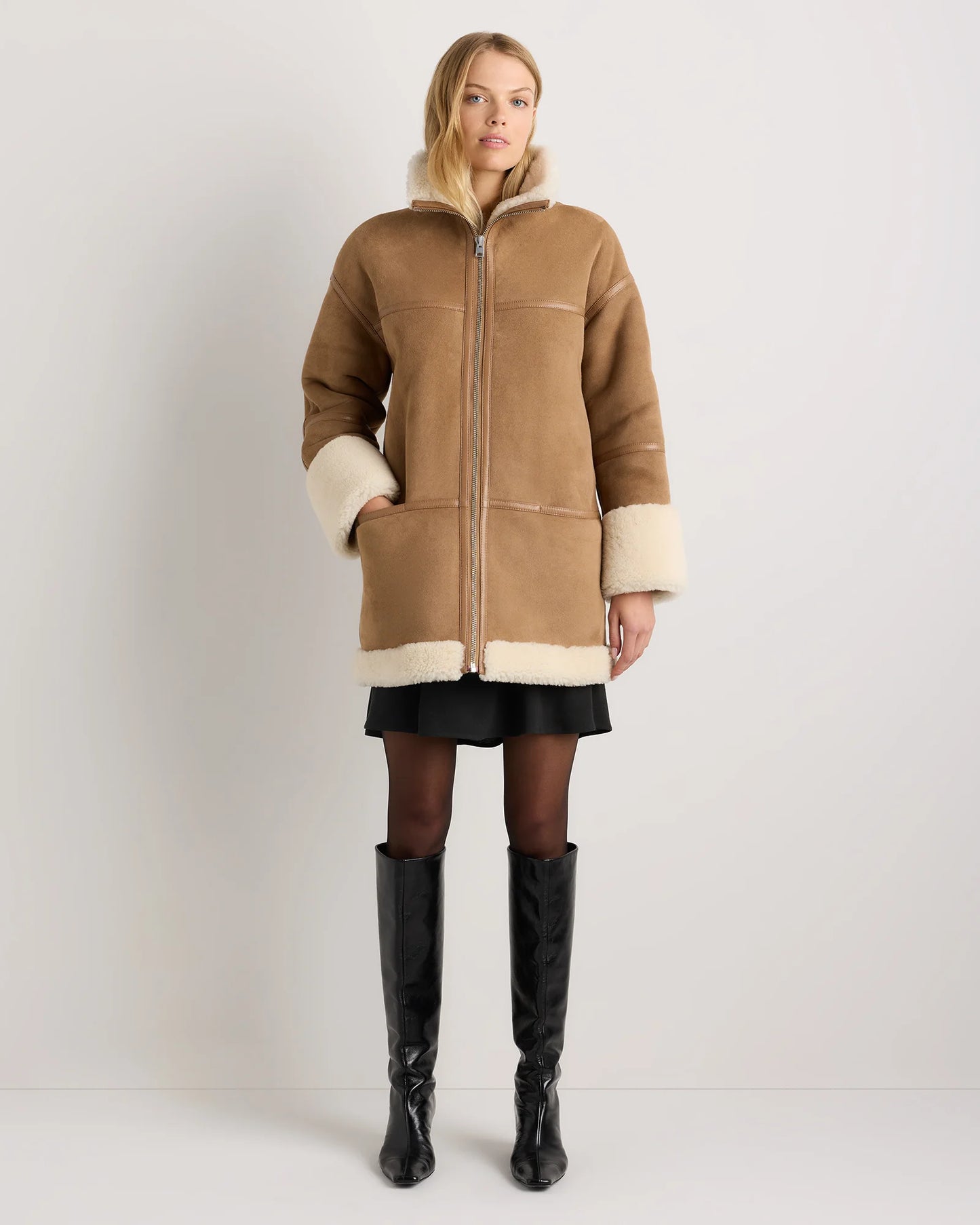 100% Shearling Long Coat - XS / Fawn/Off-White