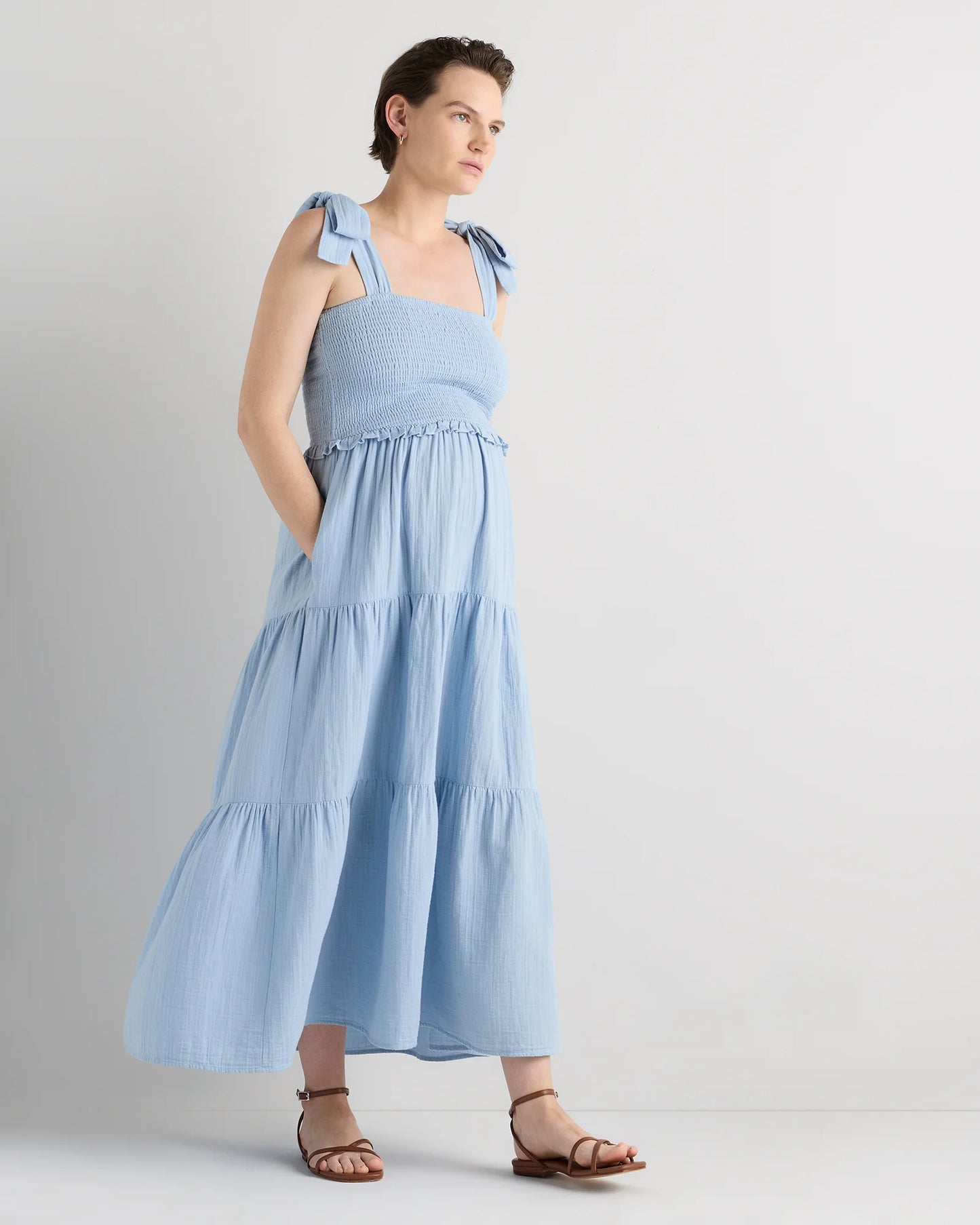 100% Organic Cotton Gauze Smocked Sleeveless Midi Dress - XS / Khaki Gingham