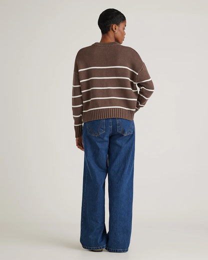100% Organic Cotton Striped Crew Sweater - XS / Heather Brown/Ivory