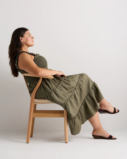100% European Linen Smocked Midi Dress - 1X / Flax