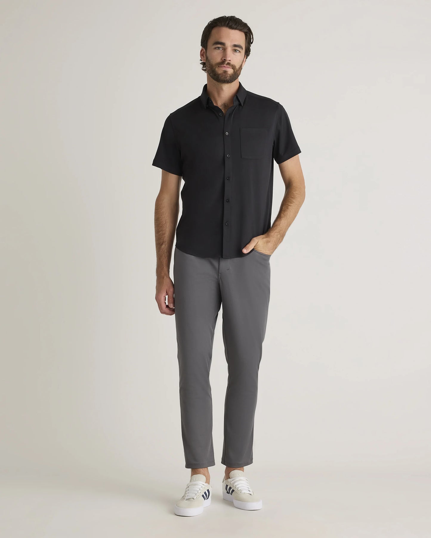 Commuter Stretch Pique Short Sleeve Button Down - S / Black