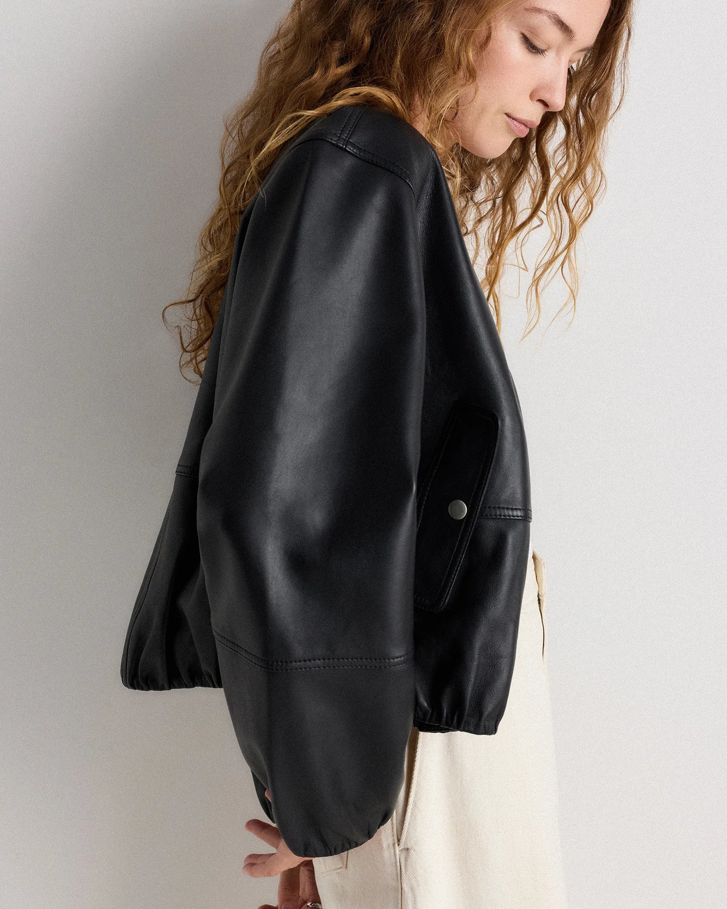 100% Leather Collarless Cropped Bubble Hem Jacket - XS / True Black
