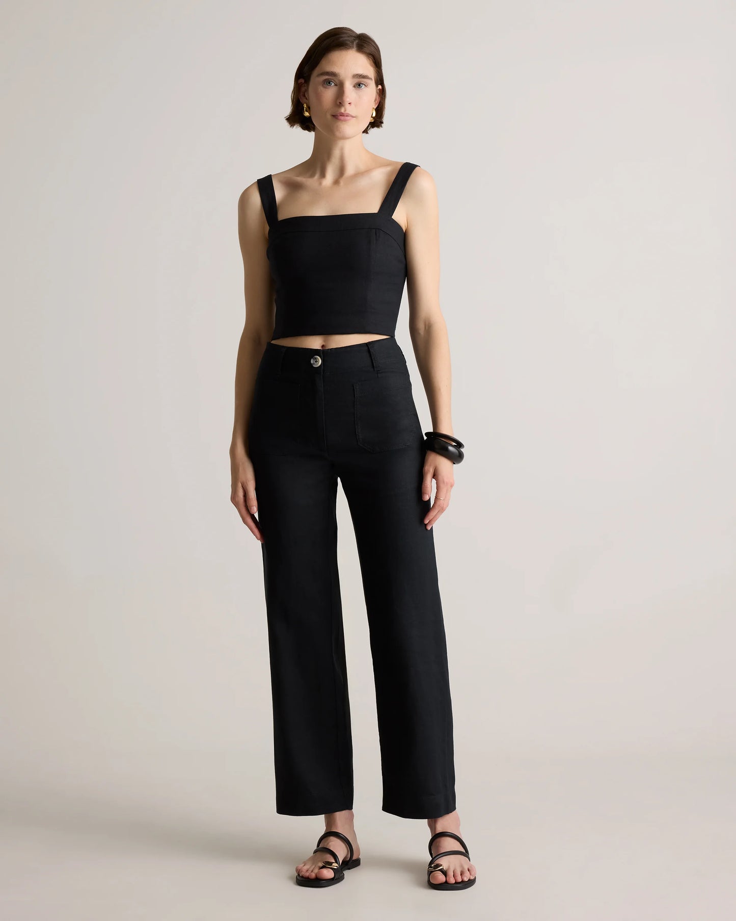 100% European Linen Patch Pocket Wide Leg Pants - 0 / Taupe Brown Chambray