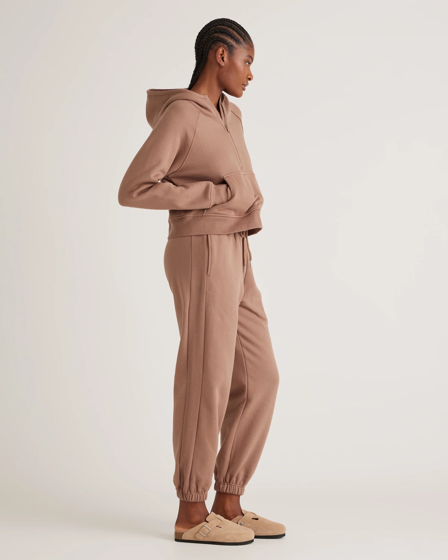 Organic Heavyweight Fleece Cropped Half Zip Hoodie - XS / Taupe