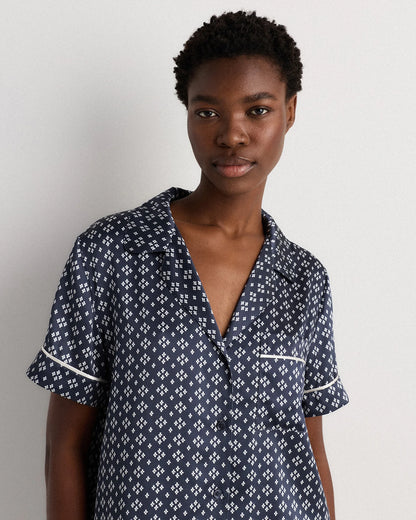 100% Washable Silk Satin Short Sleeve Pajama Top - XS / Tiny Diamonds