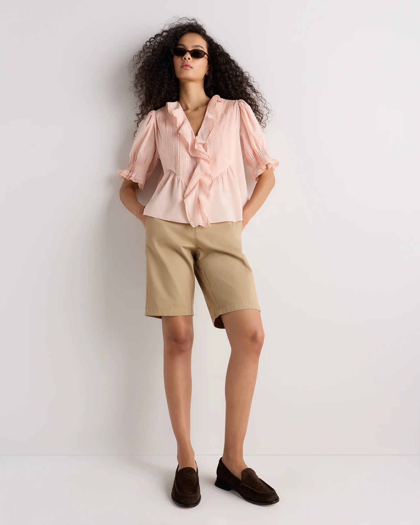 Organic Cotton Voile Short Sleeve Peasant Blouse - XS / Ballet Slipper